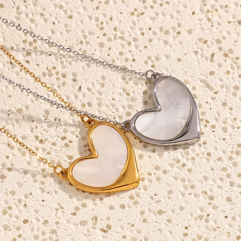 Stainless Steel Heart Pendant Necklace 18K Gold Plated Mother Of Artificial Pearl Shell Inlay Minimalist Slanted Design For Women