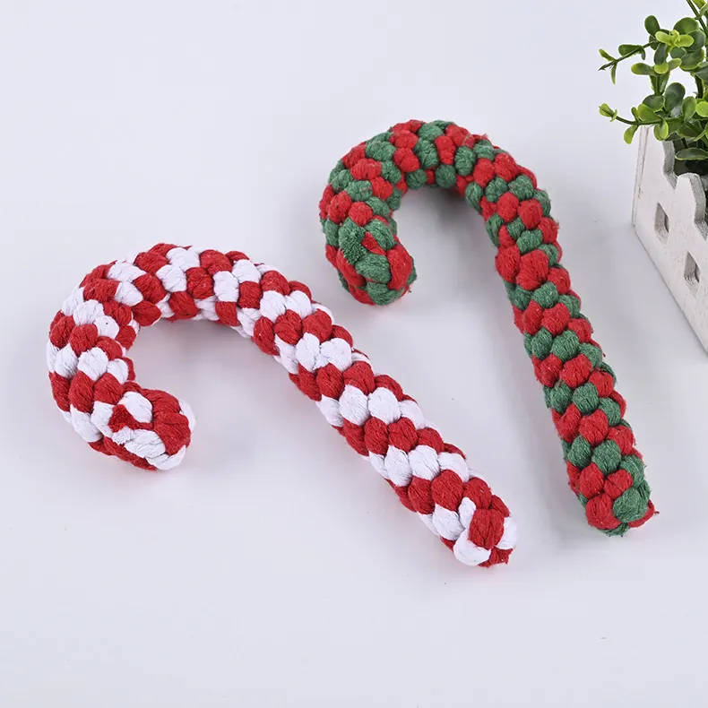 Christmas Candy Cane Pet Dog Chew Toy Woven Cotton Rope Teeth Cleaning Dental Molar Holiday Interactive Toy