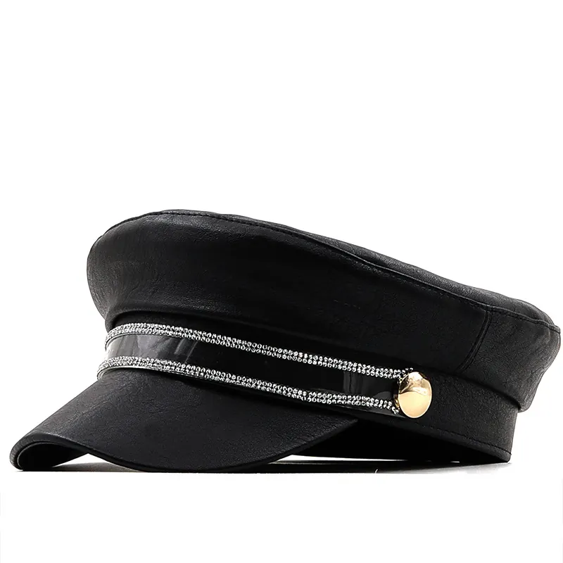 Damen PU Leder Marine Hut Flache Kappe Beret Mit Strass Doppelter Schicht Und Metallknopf Retro Mode Newsboy Mütze