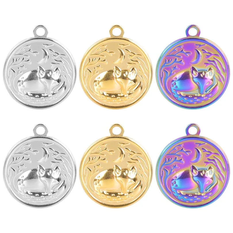 Fox And Moon Embossed Round Pendant Necklace Stainless Steel Forest Animal Charm Jewelry For Women Men