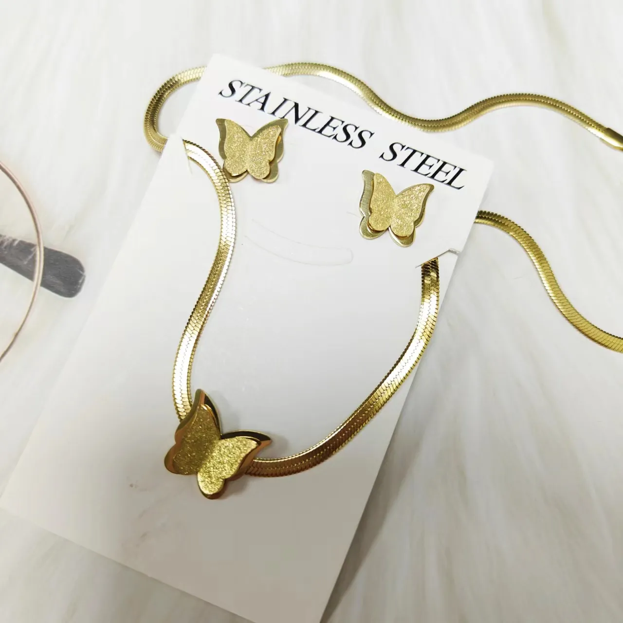 Stainless Steel Butterfly Round Pendant Necklace Stud Earrings For Women Aesthetic Elegant Jewelry Accessories