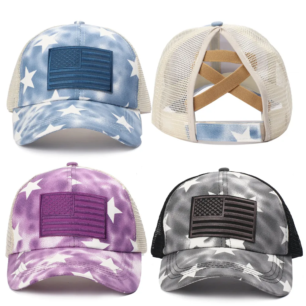 Women Ponytail Baseball Cap US Flag Star Tie Dye Mesh Back Trucker Hat Criss Cross Adjustable Sporty Breathable