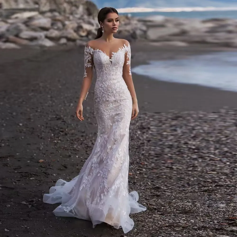 Off Shoulder Spitze Hochzeitskleid Langarm Meerjungfrau Brautkleid Florale Stickerei Weiß Tüll Kleine Schleppe