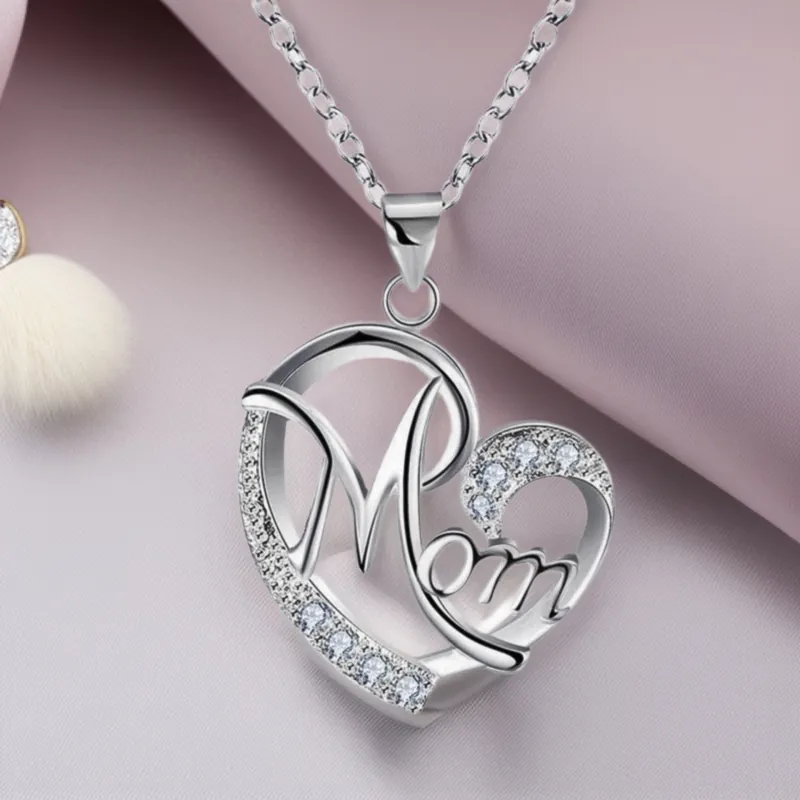Heart Pendant Necklace Copper White Gold Plated Zircon Mom Letter Jewelry Mother Day Gift For Women Elegant
