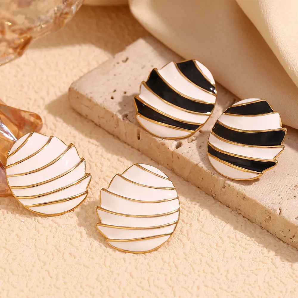 Vintage Sail Shape Stud Earrings 18K Gold Plated Stainless Steel Enamel Shell Texture Fashion Jewelry For Women