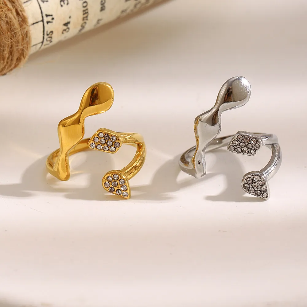 Stainless Steel Wave Open Ring Gold Plated Irregular Geometric Adjustable Finger Jewelry With Cubic Zirconia For Women