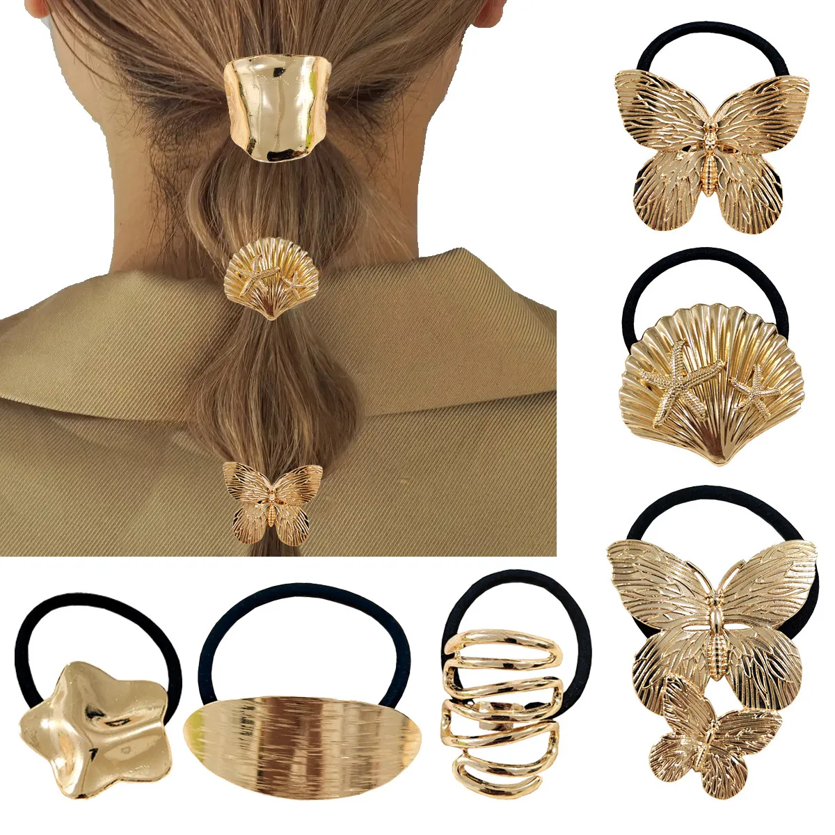 Alloy Metal Elastic Hair Ties Geometric Butterfly Star Heart Shell Decor Ponytail Holders Fashion Accessories For Women