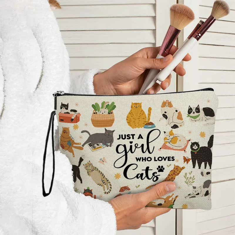 Cartoon Cat Shark Print Canvas Makeup Bag With Wristlet Portable Zipper Cosmetic Pouch Travel Wash Bag For Women