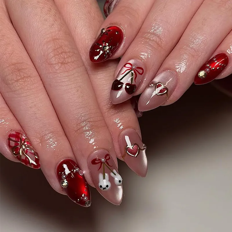 Handmade Resin Press On Nails With 3D Cherry Bow Rhinestone Artificial Pearl Red French Style Fake Nails For Women Daily Party