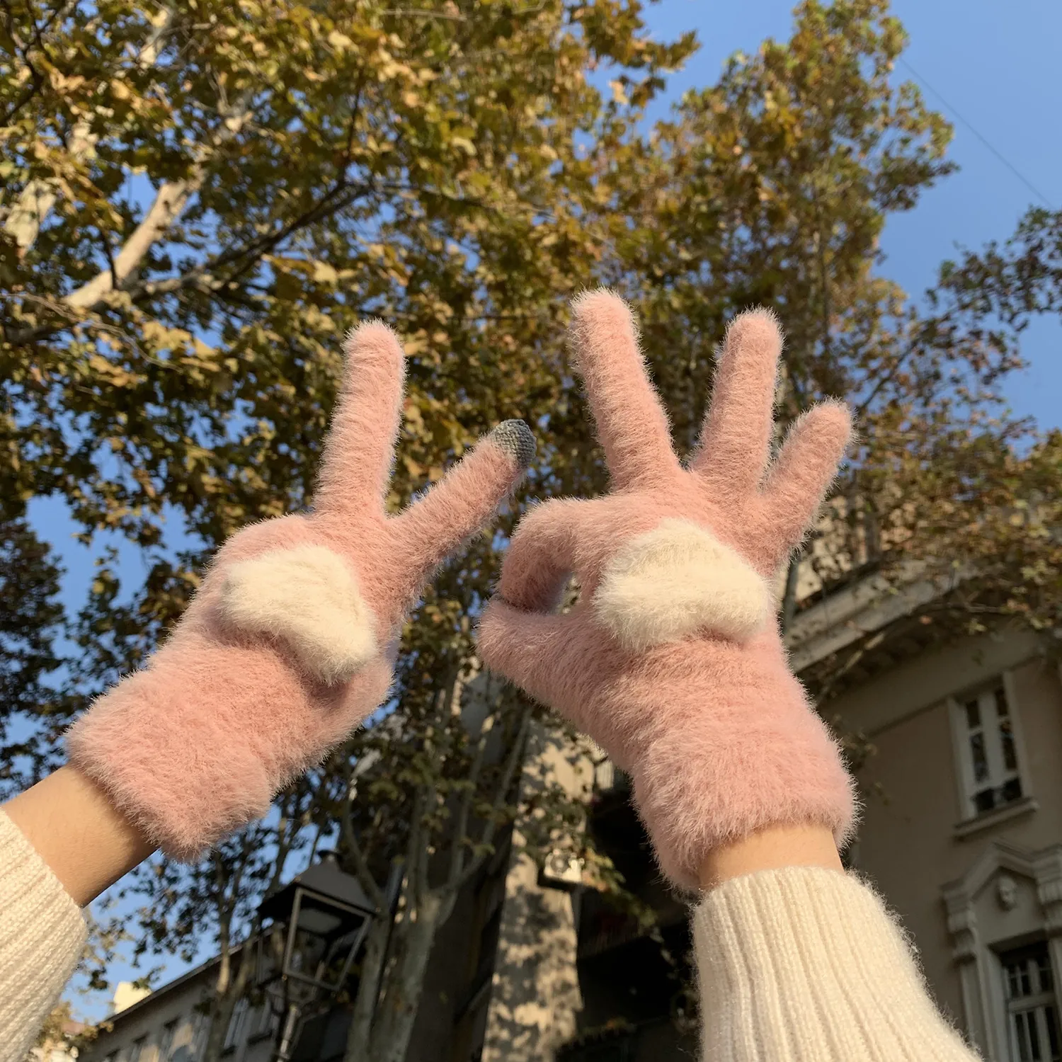 Touchscreen Winter Gloves Faux Mink Fur Warm Knit Heart Pattern Sweet Outdoor Cycling For Women Girls