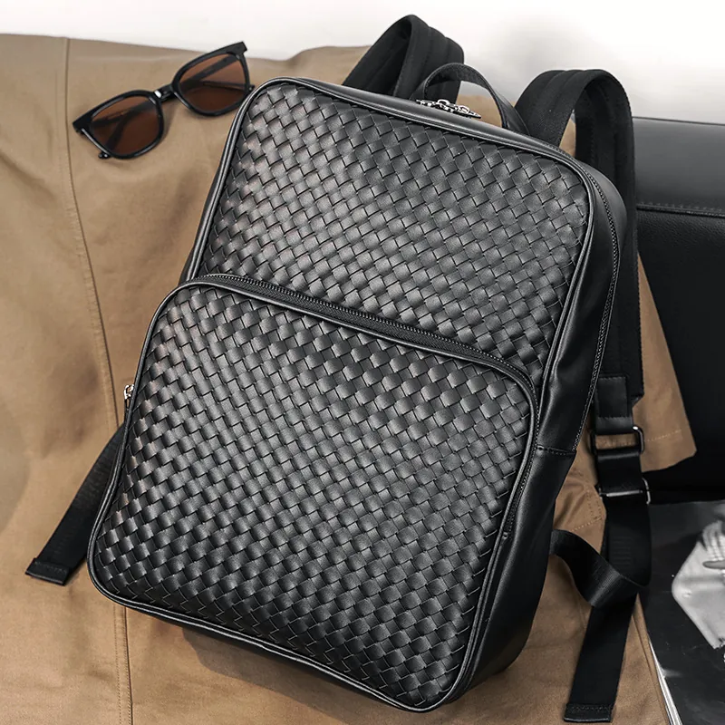 Woven PU Leather Backpack Men Large Capacity Business Travel Fashion Laptop Bag Retro Intrecciato Style Black