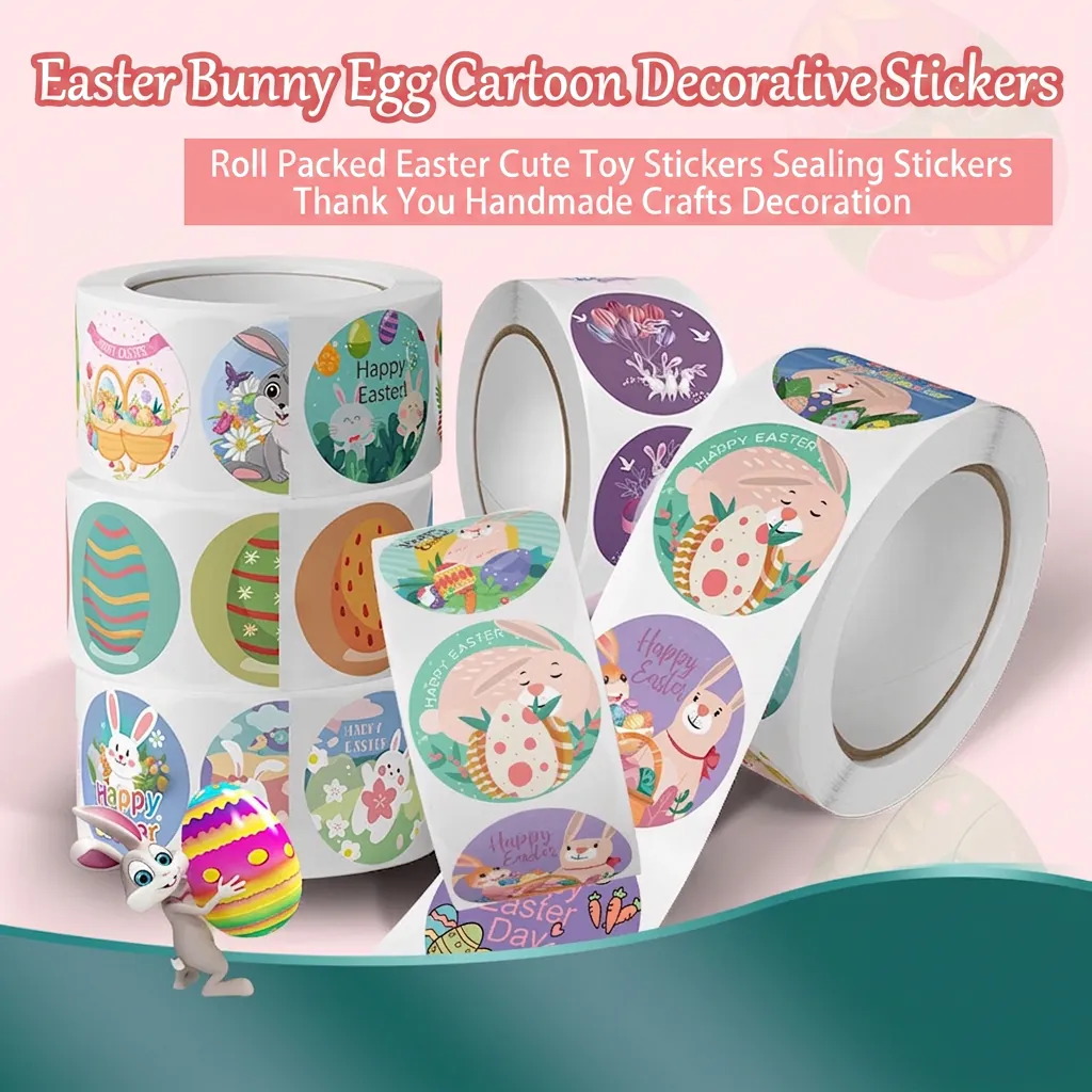 Easter Bunny Egg Cartoon Decorative Self Adhesive Sticker Roll Happy Easter Round Label Stickers For Gift Packaging DIY Crafts