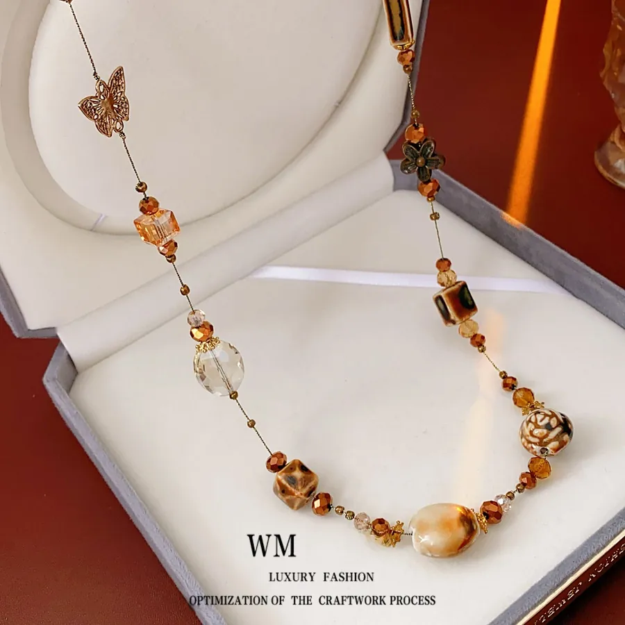 Long Beaded Necklace With Glass Ceramic Beads Butterfly Flower Pendant Vintage Bohemian Style Sweater Chain For Women
