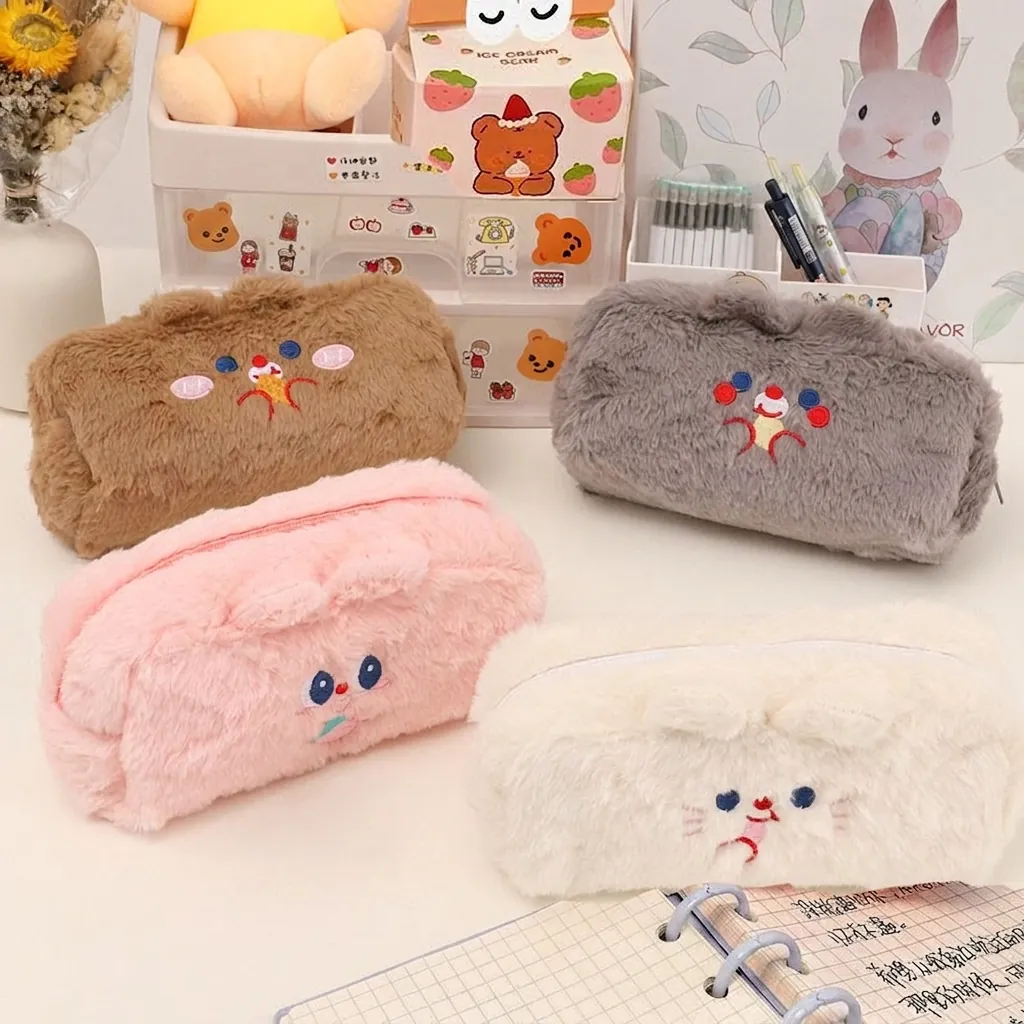 Cute Cartoon Animal Plush Pencil Case Embroidered Large Capacity Stationery Storage Bag Zipper Closure Students Girls