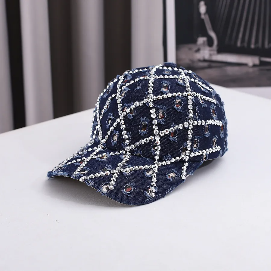 Distressed Denim Baseball Cap With Silver Rhinestone Grid Pattern Vintage Streetwear Adjustable Sun Hat For Men Women