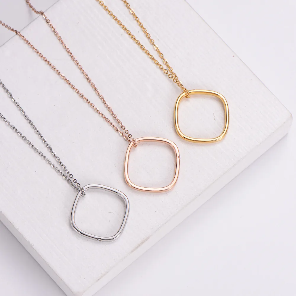 Geometric Square Pendant Necklace Polished Stainless Steel With Tiny Zircon Minimalist Hollow Jewelry For Women Daily Wear