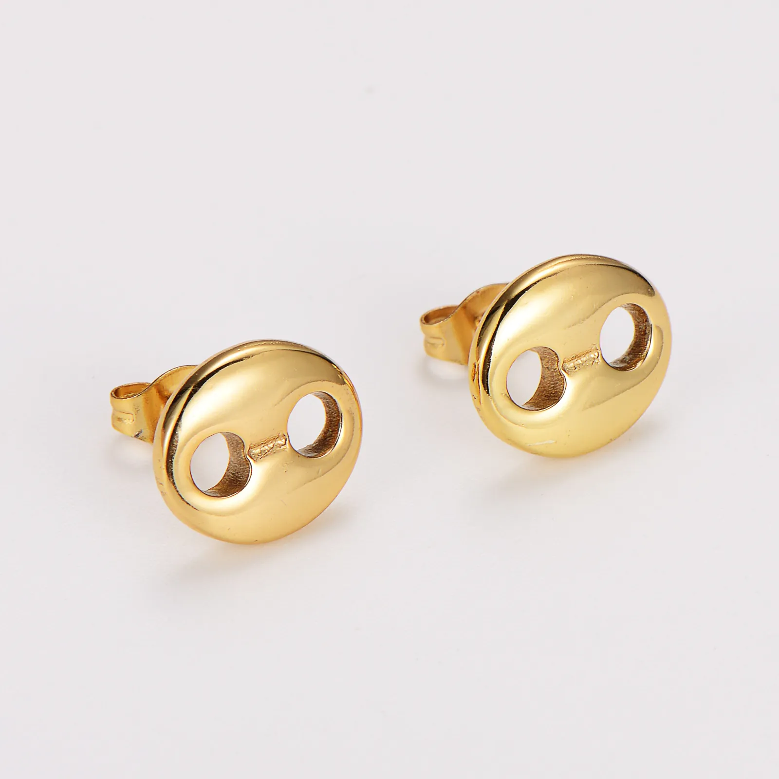 French Retro Pig Nose Stud Earrings Gold Plated Stainless Steel Oval Hollow Coffee Bean Geometric Jewelry For Women