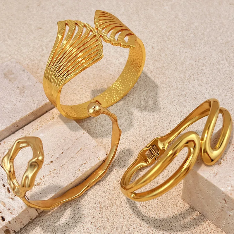 Open Cuff Bangle Stainless Steel Gold Plated Irregular Organic Wave Textured Design Vintage Fashion Jewelry For Women