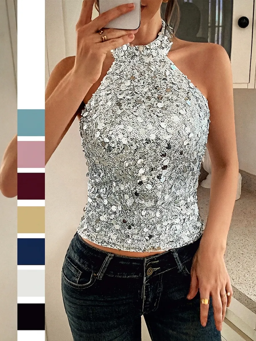 Halter Pailletten Tank Top Ärmellos Rückenfrei Glänzend Party Clubwear Elegant Slim Fit Für Damen