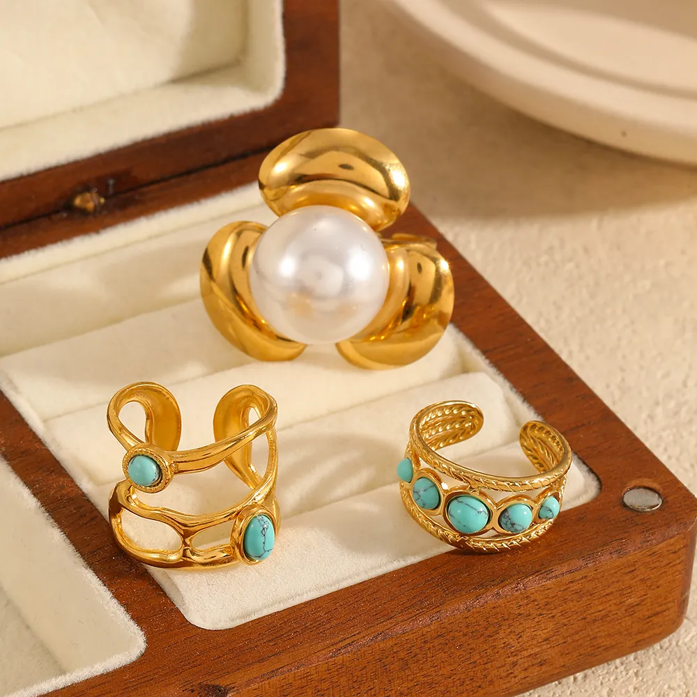Flower Adjustable Ring 18K Gold Plated Stainless Steel Artificial Pearl Turquoise Vintage Retro Ins Style Women