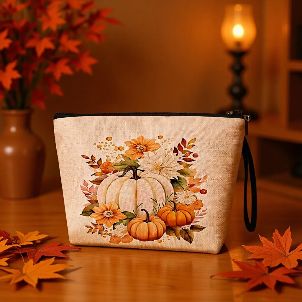 Thanksgiving Pumpkin Linen Makeup Bag Sunflower Autumn Theme Canvas Zipper Toiletry Pouch For Women Travel Storage Bag Pencil Case