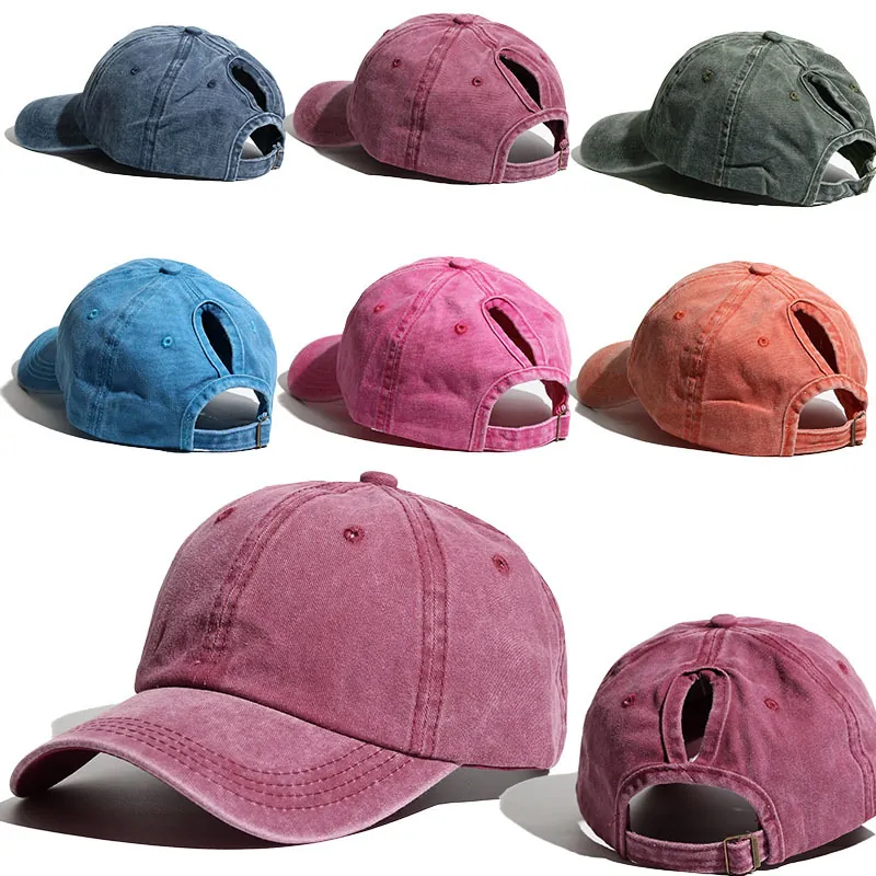 Washed Cotton Ponytail Baseball Cap For Women Adjustable Distressed Messy Bun Trucker Hat Solid Color Outdoor Sun Visor Dad Hat