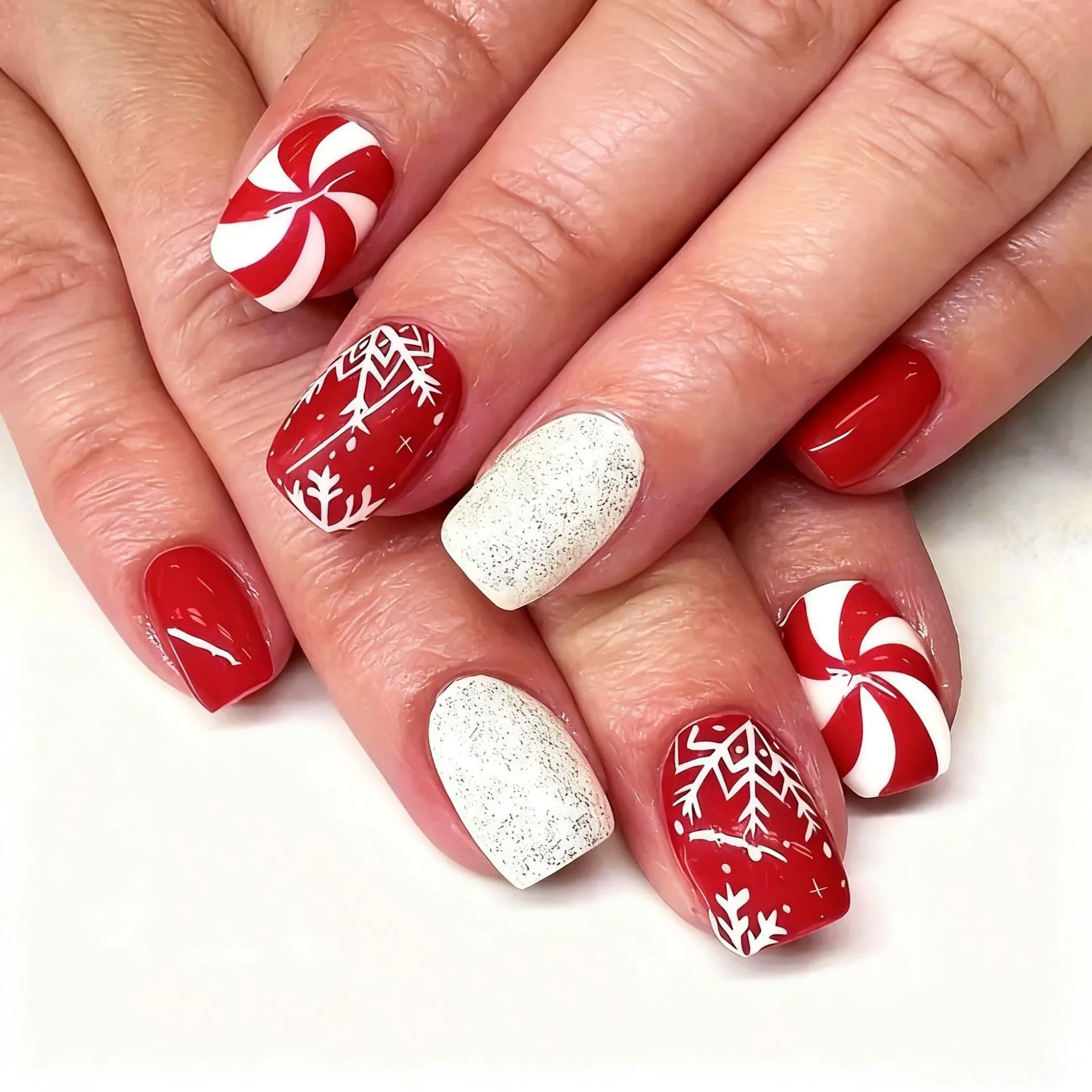 Christmas Press On Nails Red White Snowflake Glitter Medium Square ABS Plastic Artificial Fingernails For Women Festive Party