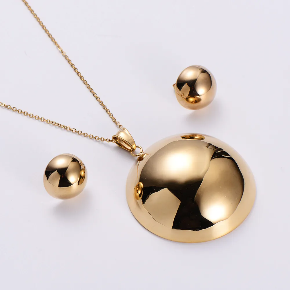 Minimalist 316L Stainless Steel 18K Gold Plated Necklace And Earrings High Polished Hemisphere Pendant Spherical Studs Women
