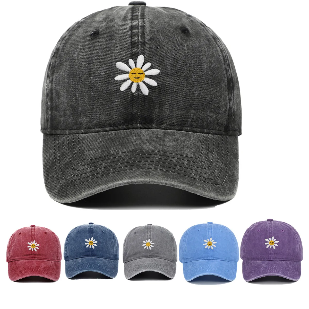 Vintage Gewaschene Baumwolle Baseballkappe Distressed Gänseblümchen Smiley Bestickte Sonnenschutz Hut Unisex