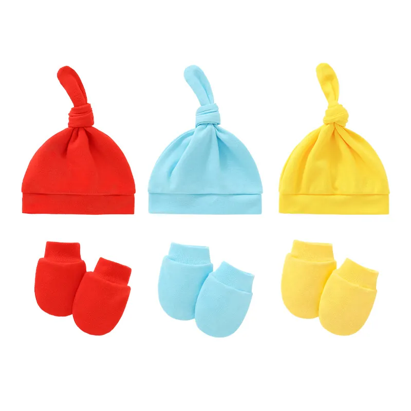 Infant Newborn Baby Cotton Knot Hat And Anti Scratch Mittens Soft Breathable Beanie For Boys Girls Toddler Daily Accessories