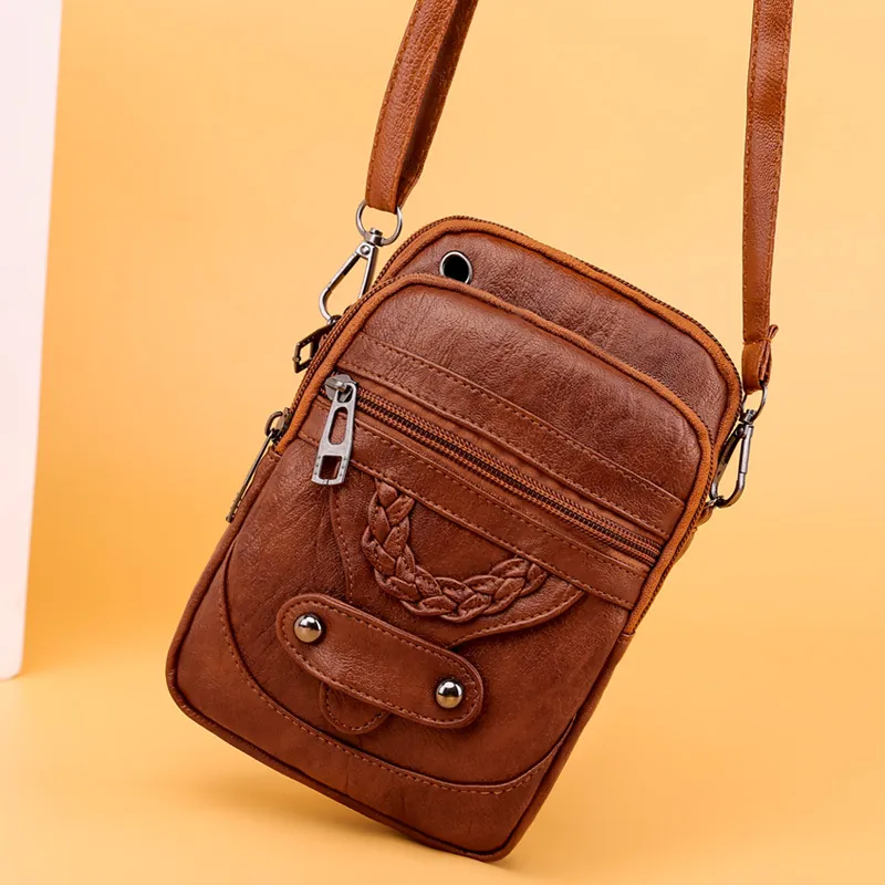 Retro PU Leather Crossbody Bag For Women With Multi Zipper Pockets Earphone Hole Litchi Texture Vintage Shoulder Purse