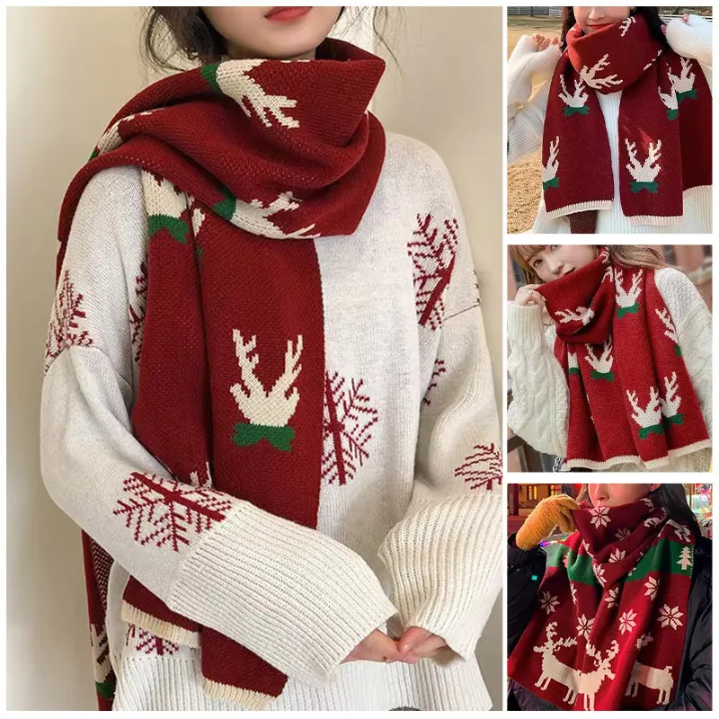 Women's Christmas Red Scarf Reindeer Snowflake Pattern Woven Polyester Imitation Cashmere Warm Winter Shawl Festive Gift