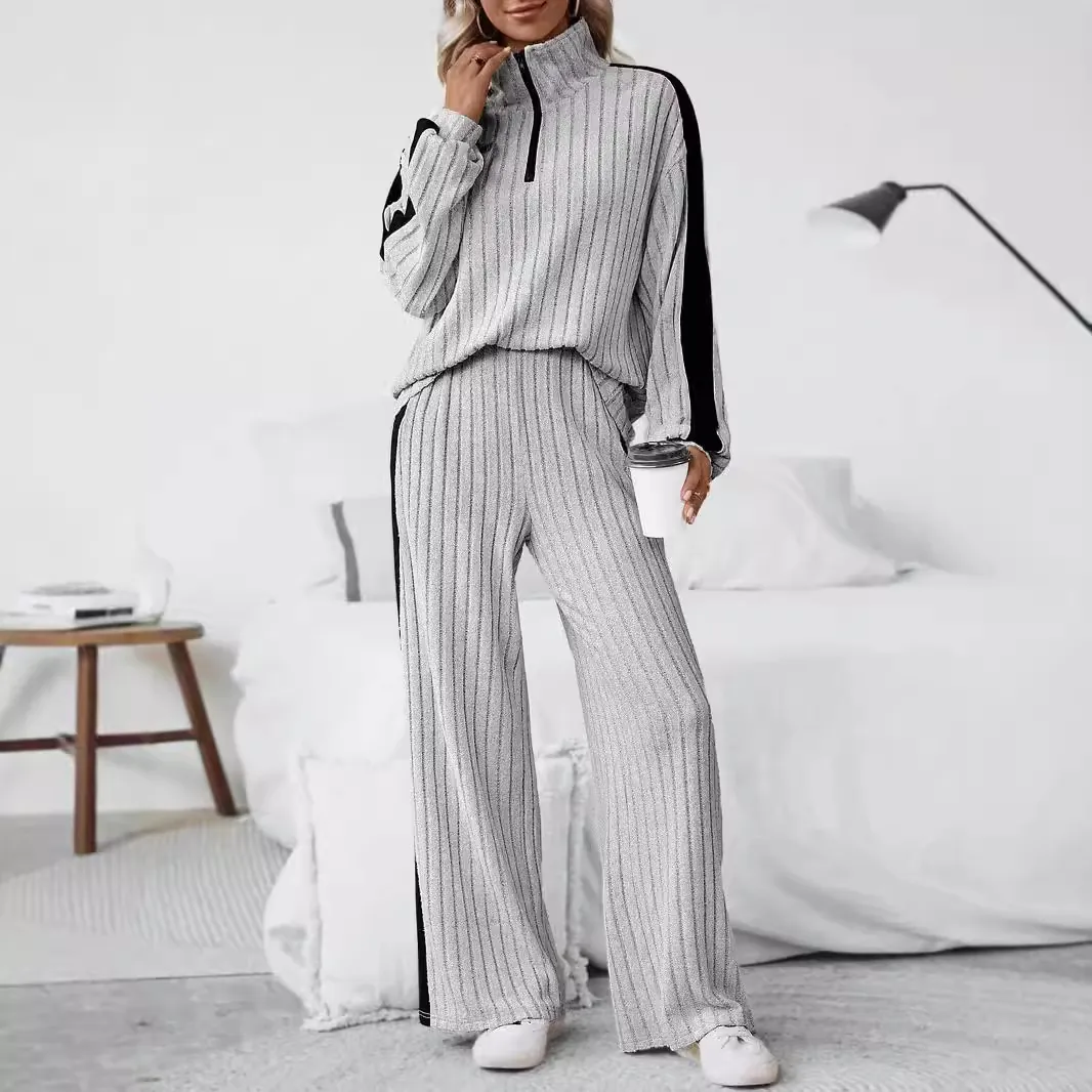 Ensemble Haut Et Bas Décontracté en Maille Côtelée pour Femmes Demi-zip Manches Longues Et Pantalon Large Patchwork
