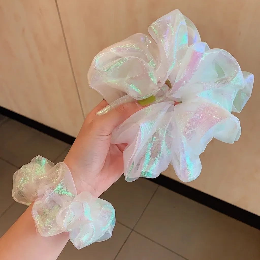 Holographic Organza Scrunchies Floral Daisy Print Elastic Hair Bands Sweet Fairy Ponytail Holder For Women Girls