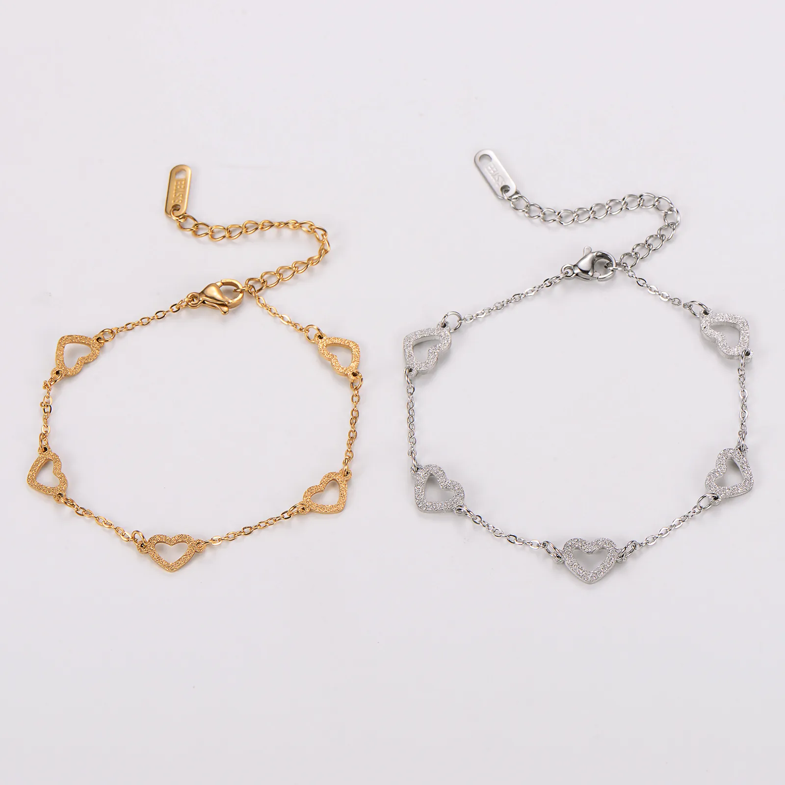 Hollow Heart Bracelet 304 Stainless Steel Rhinestone Frosted Texture Link Chain Adjustable Minimalist Jewelry For Women