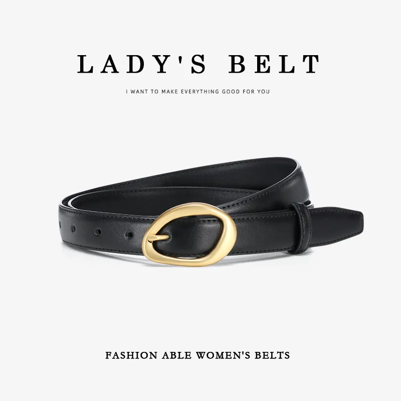 Women Genuine Leather Belt With Gold Irregular Alloy Pin Buckle Minimalist Cowhide Waist Strap For Jeans Dresses