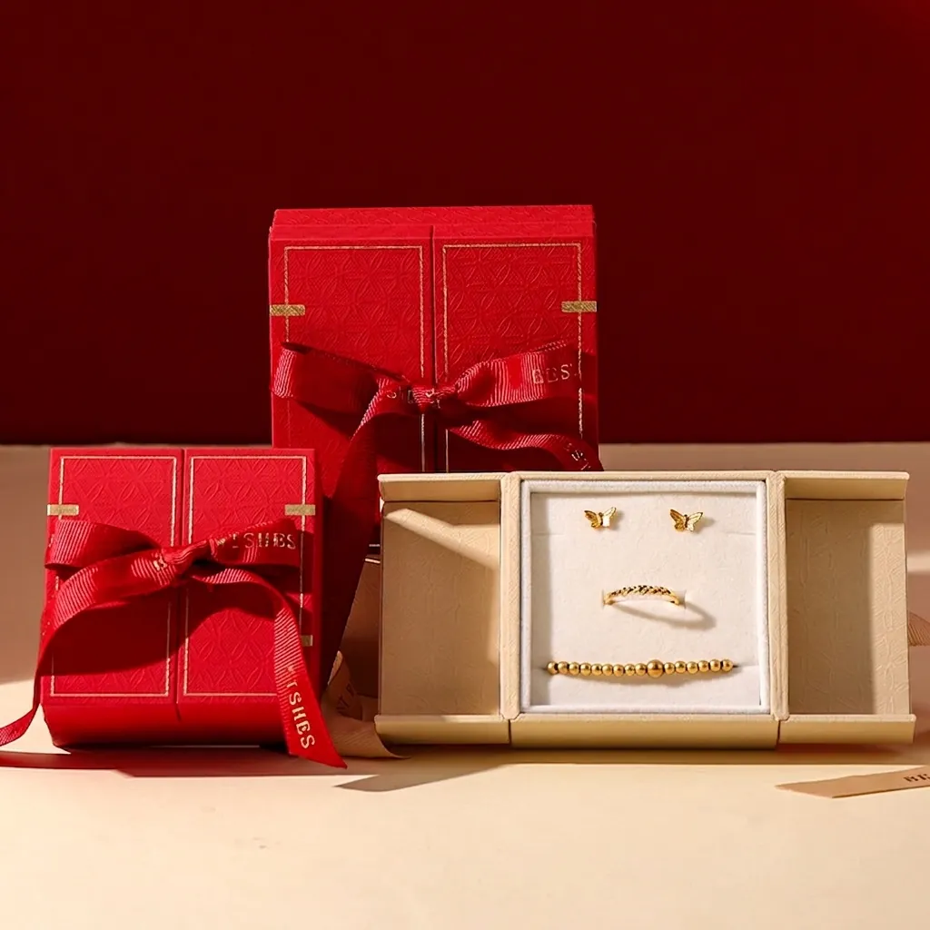 Jewelry Gift Box Red Leatherette Paper Magnetic Split Opening Bowknot Ribbon For Necklace Ring Earring Packaging