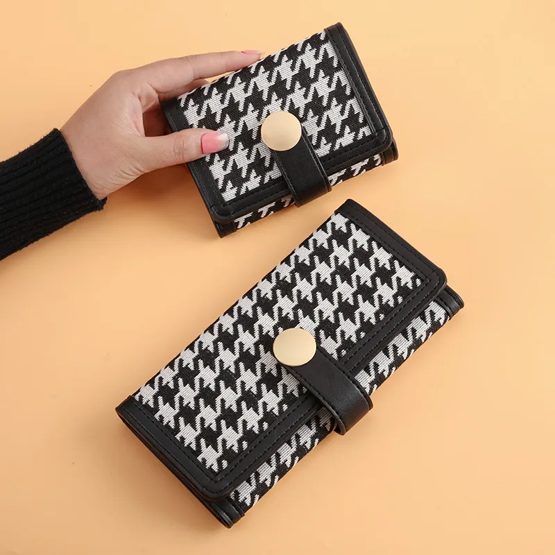 Houndstooth Pattern Women Wallet PU Leather Fabric Card Holder Long Short Clutch Bifold Retro Fashion