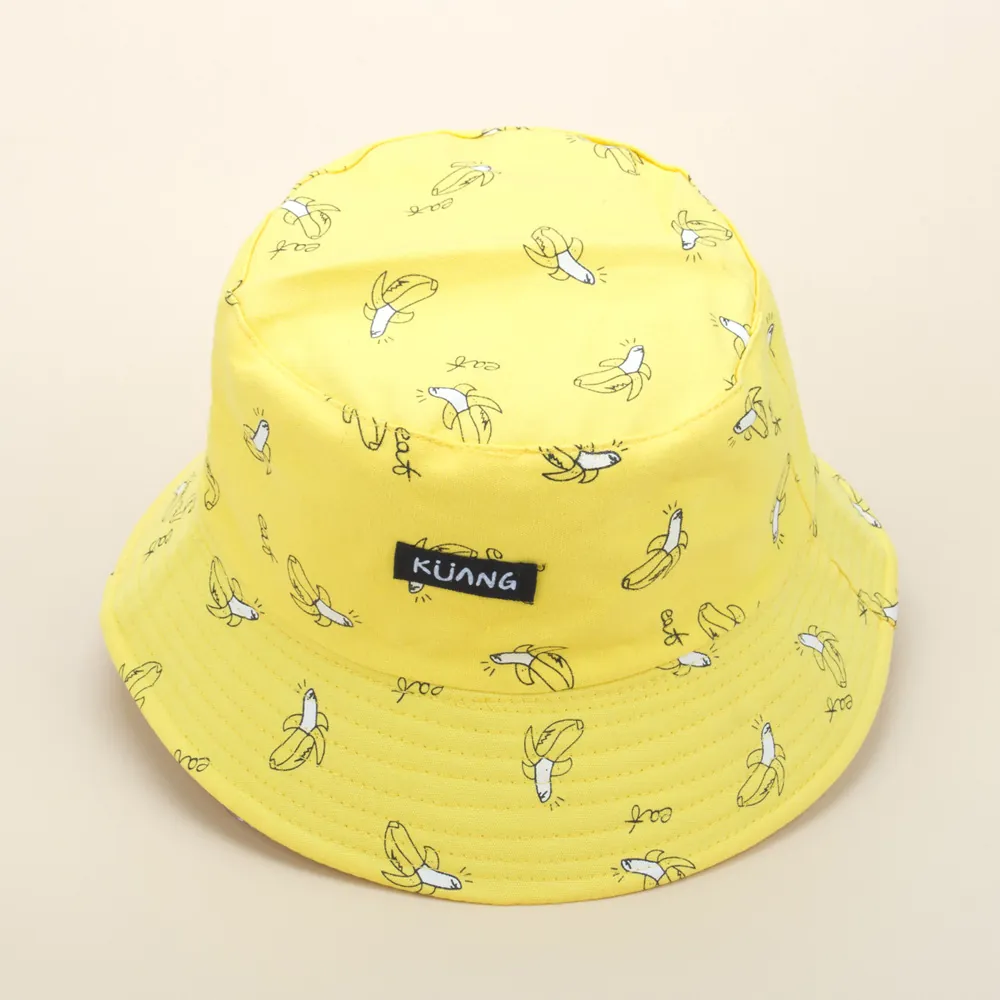 Reversible Bucket Hat Cotton Cartoon Banana Cheese French Fries Print Sun Shade Travel Outdoor Casual Unisex