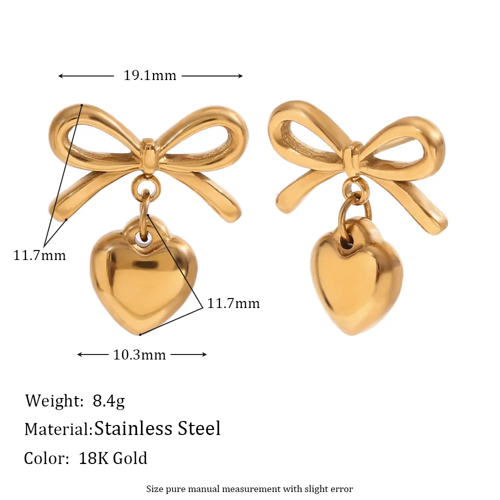Bowknot Heart Dangle Earrings Stainless Steel 18K Gold Plated INS Chic Elegant Sweet Jewelry For Women