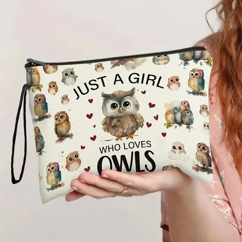 Owl Makeup Bag Just A Girl Who Loves Owls Printed Linen Cosmetic Pouch Portable Travel Toiletry Organizer With Strap