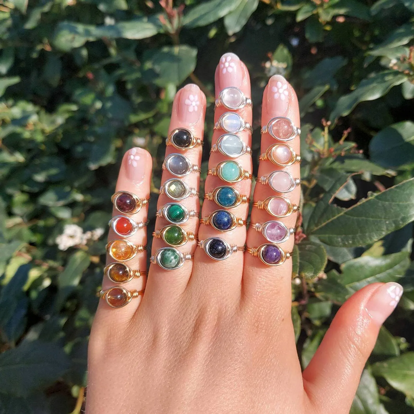 Handmade Wire Wrapped Natural Stone Ring Copper Wire Bohemian Ethnic Style Jewelry For Women Vintage Round Bead Crystal