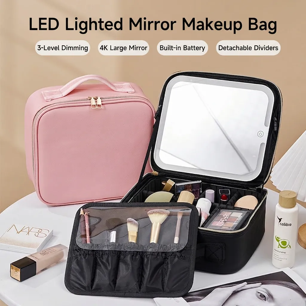 Makeup Case With LED Mirror PU Leather Large Capacity Adjustable Dividers Professional Travel Cosmetic Bag Waterproof