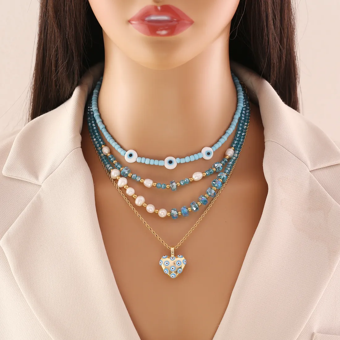 Handmade Evil Eye Heart Pendant Necklace Blue Artificial Crystal Beads White Faux Artificial Pearl Multi Layer Boho Jewelry