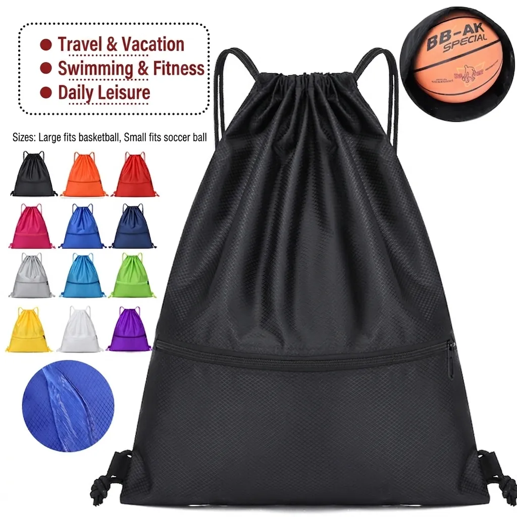 Drawstring Backpack Sports Gym Bag Waterproof Oxford Cloth Honeycomb Ripstop With Front Zipper Pocket For Basketball Travel Fitness