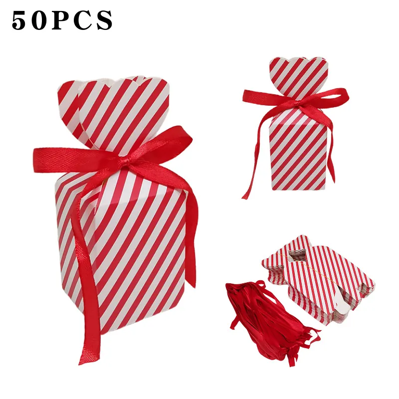Striped Vase Shaped Paper Candy Box With Heart Top Ribbon DIY Gift Packaging Box For Wedding Christmas Party Decoration Supplies