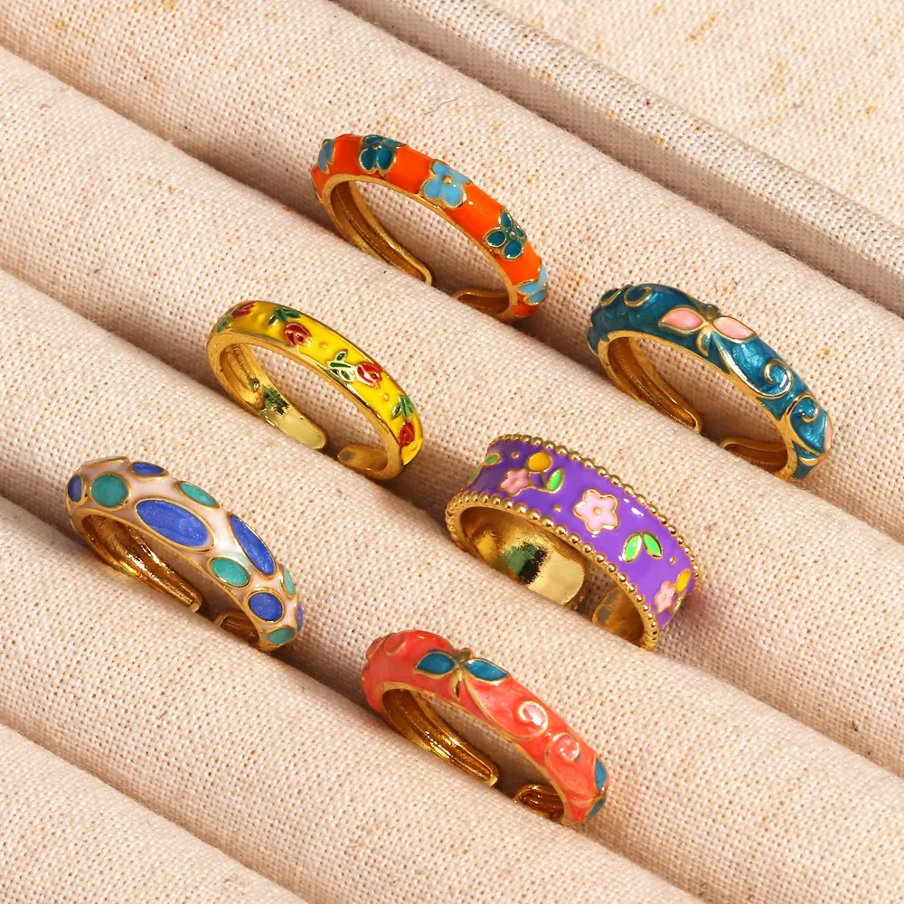 Emaille Blume Offener Ring Vergoldetes Kupfer Verstellbar Blumenmuster Tropföl Retro Vintage Stil Schmuck Für Damen