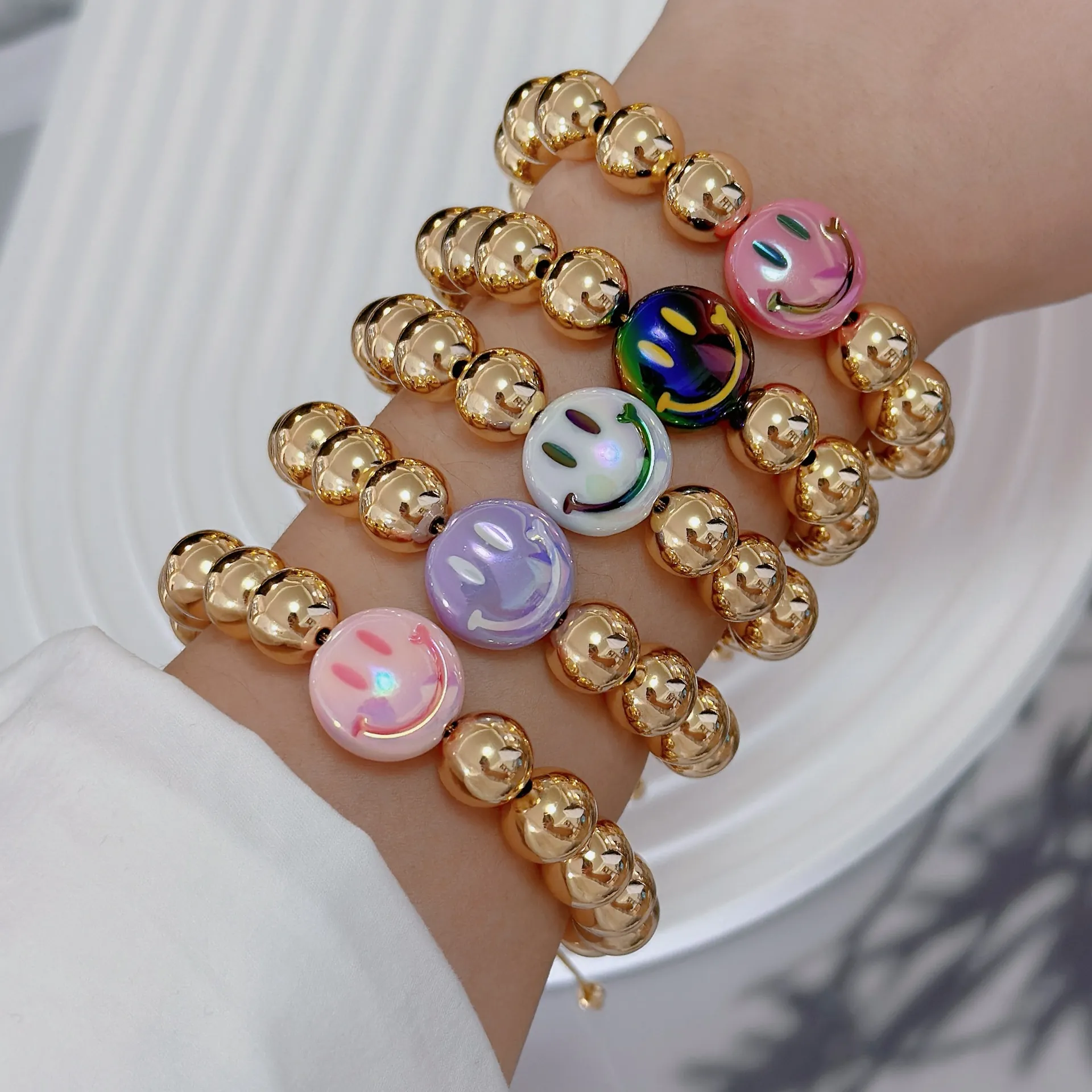 Smiley Face Beaded Bracelet 18K Gold Plated Copper Round Beads Adjustable Colorful Fashion Jewelry For Women