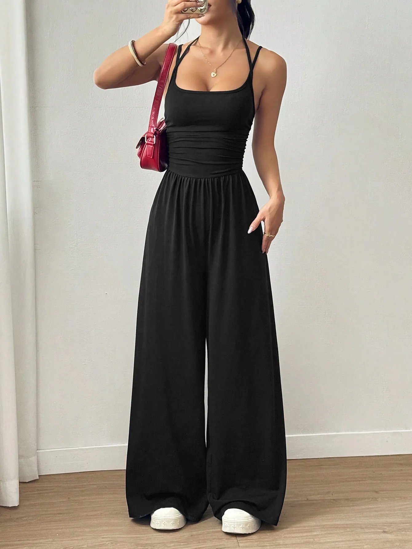 Women Sexy Polyester Spaghetti Strap Jumpsuit Summer Casual Ruched Waist Sleeveless Wide Leg Romper Top And Bottom