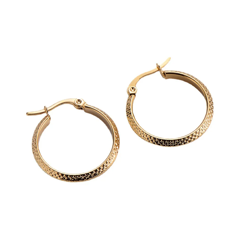 Créoles Rondes Acier Inoxydable 316L Plaqué Or 18K Motif Diamant Texture Bijoux De Mode Rétro Pour Femmes